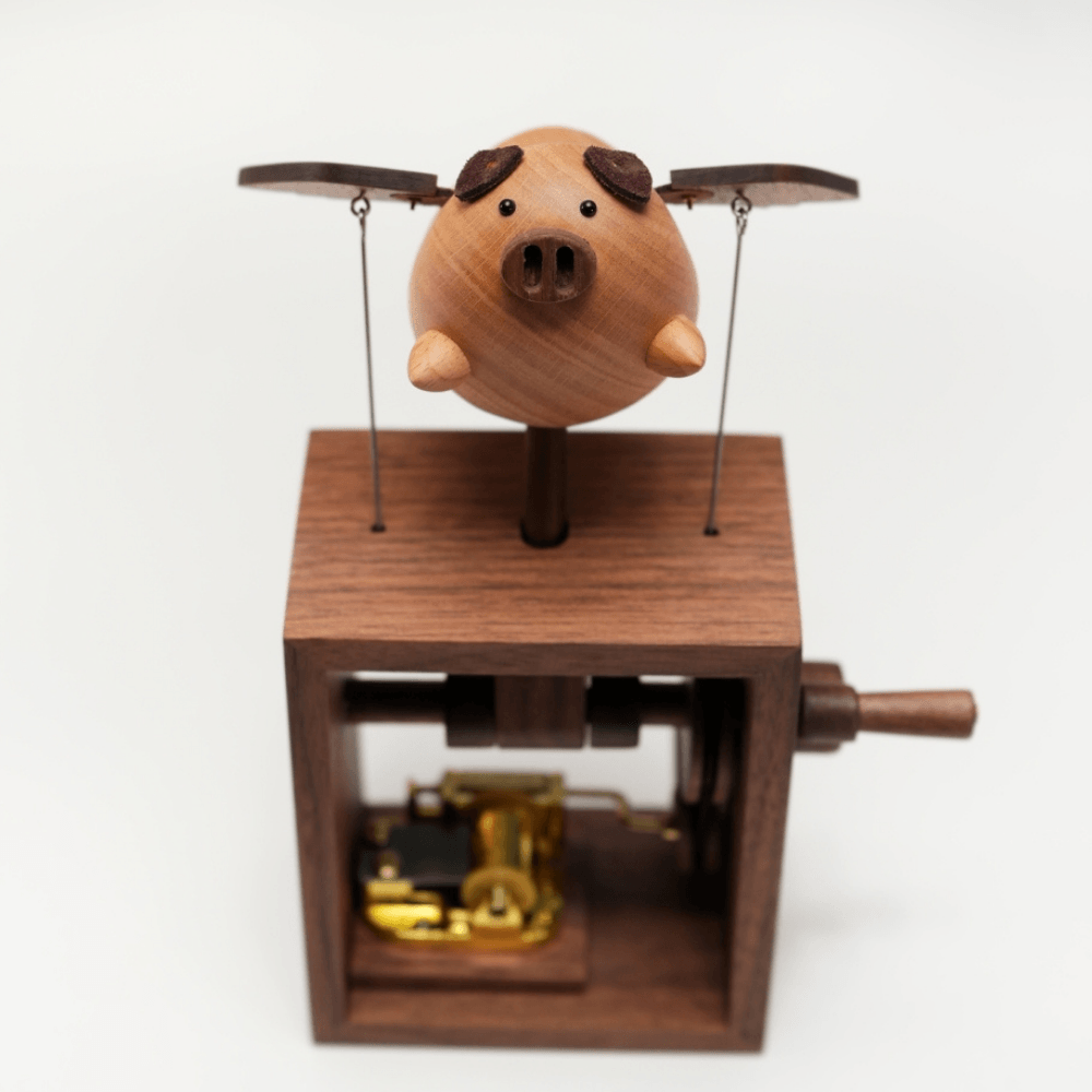 Handcrafted Wooden Angel Pig Music Box Automaton