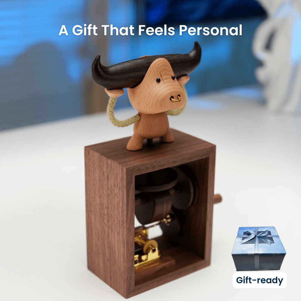 Handcrafted Wooden Bull Music Box Automaton