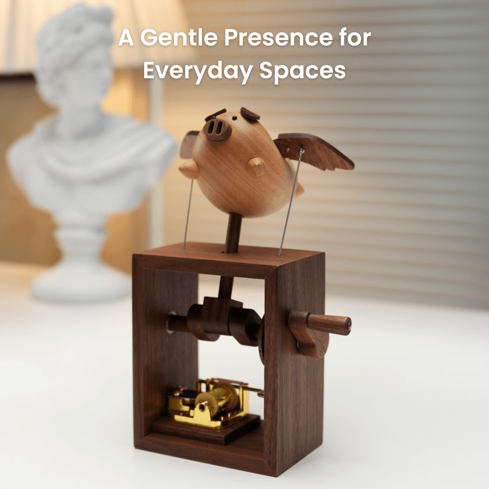 Handcrafted Wooden Angel Pig Music Box Automaton