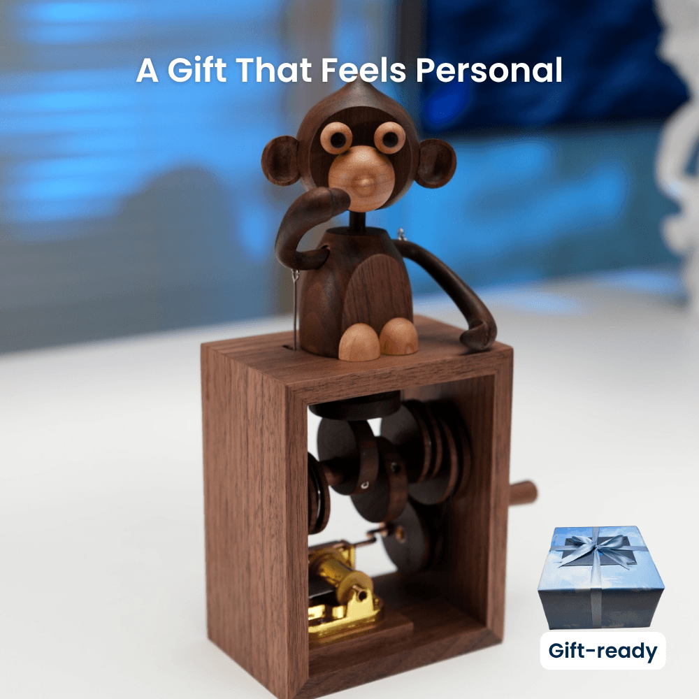 Handcrafted Wooden Monkey Music Box Automaton