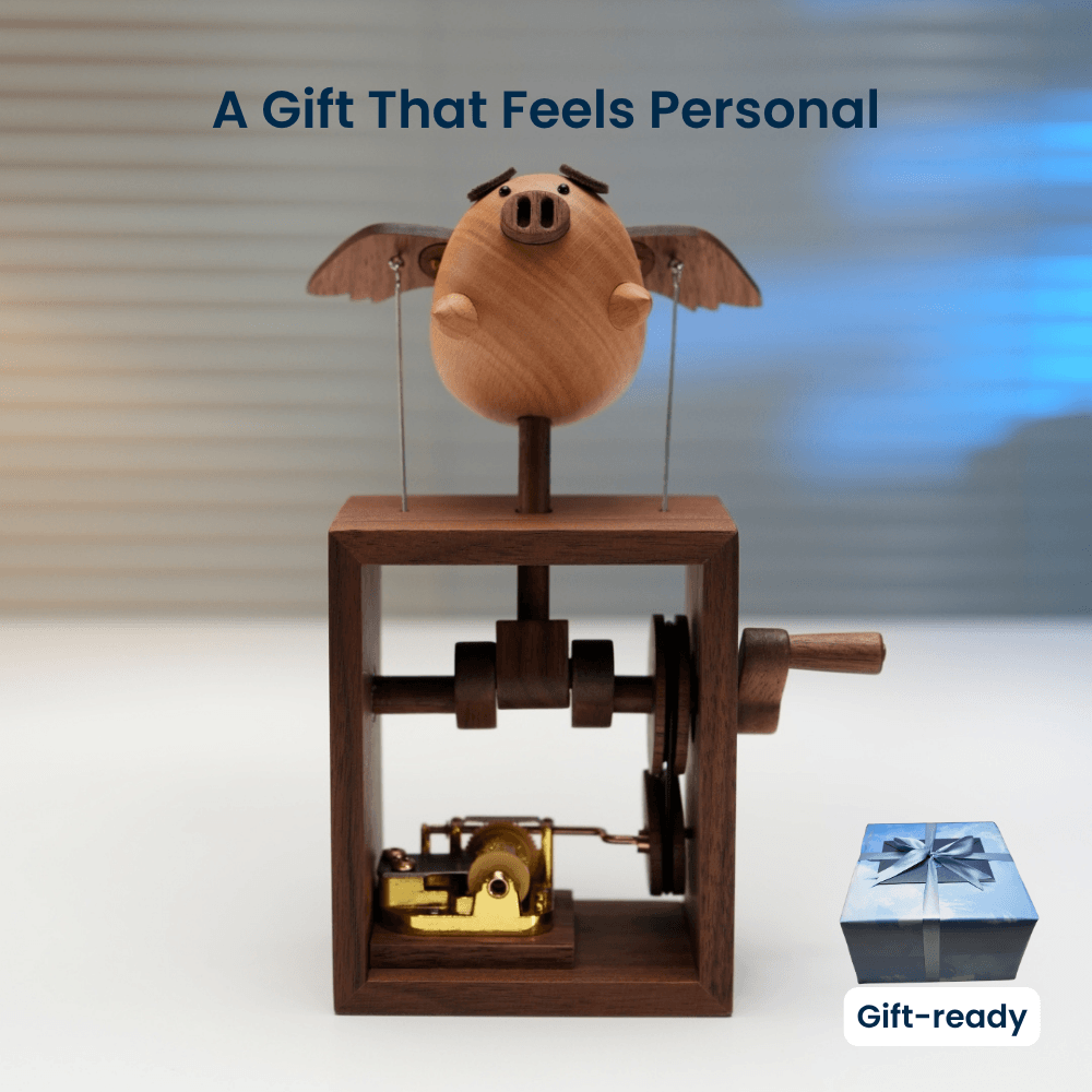 Handcrafted Wooden Angel Pig Music Box Automaton