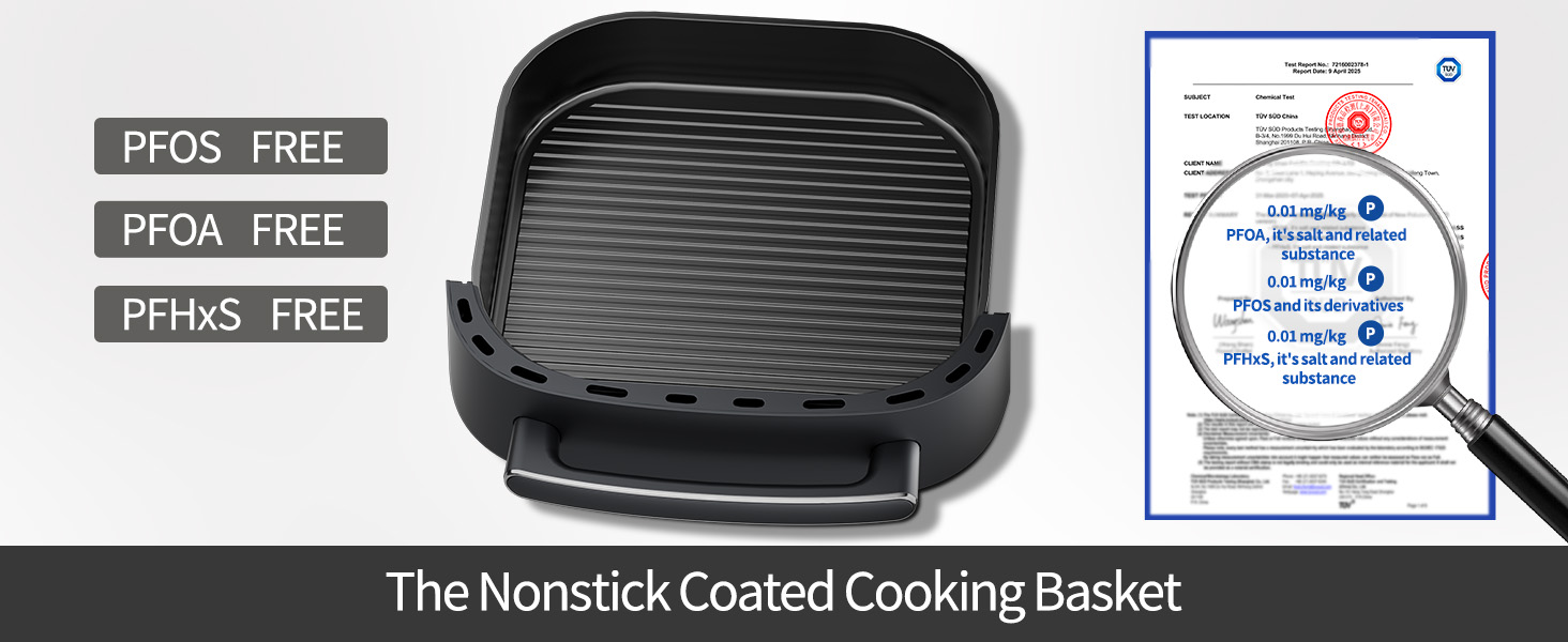 Nonstick cooking basket with PFOS PFOA PFHxS FREE certification and lab report
