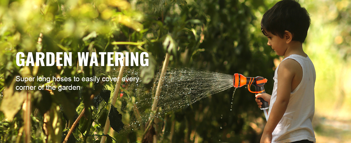 Child watering garden plants with shower spray mode - super long hose covers every corner