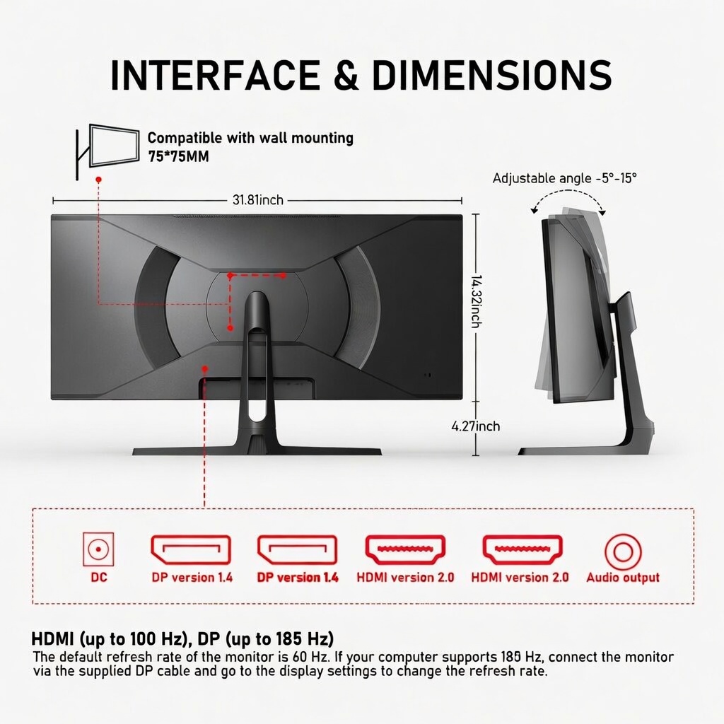 24/27/32/34 Zoll Curved Gaming Monitor 185Hz 1500/3000R WQHD (3440x1440) 4K mit Freesync, DisplayPort, HDMI, wandmontierbar