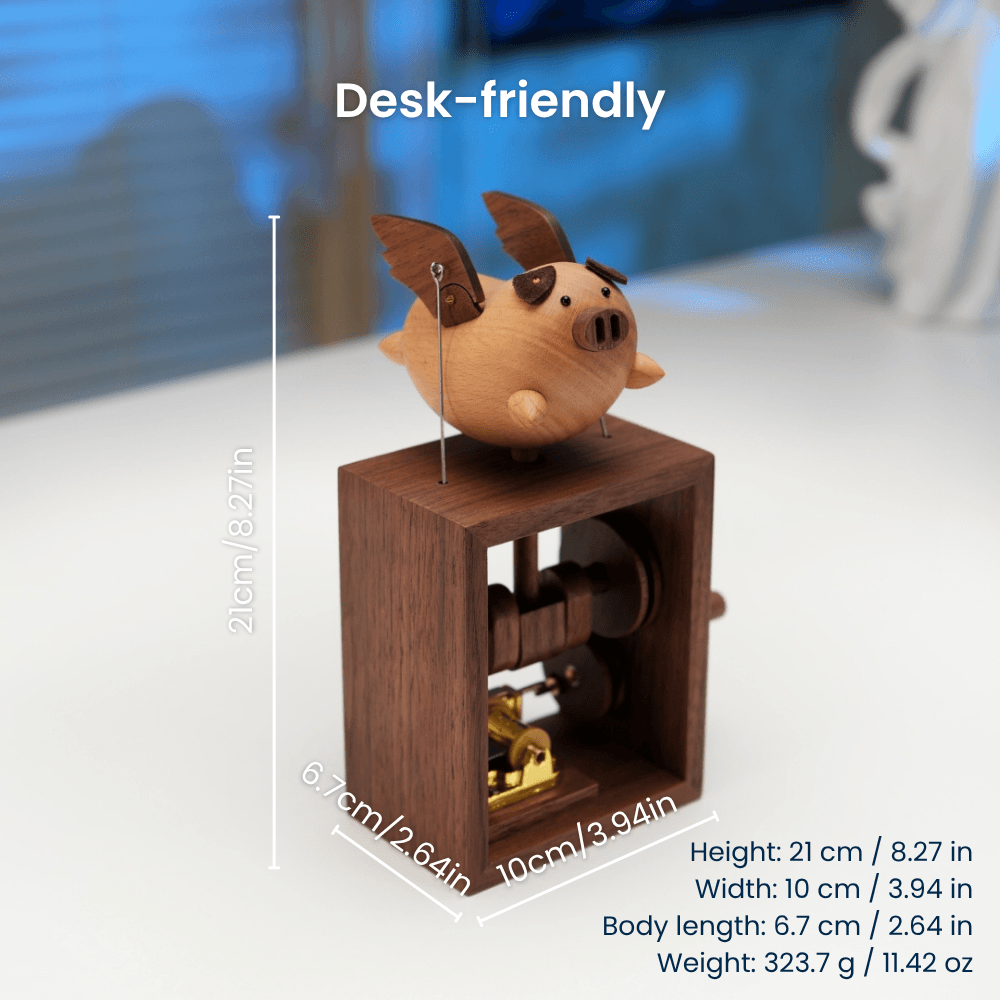 Handcrafted Wooden Angel Pig Music Box Automaton