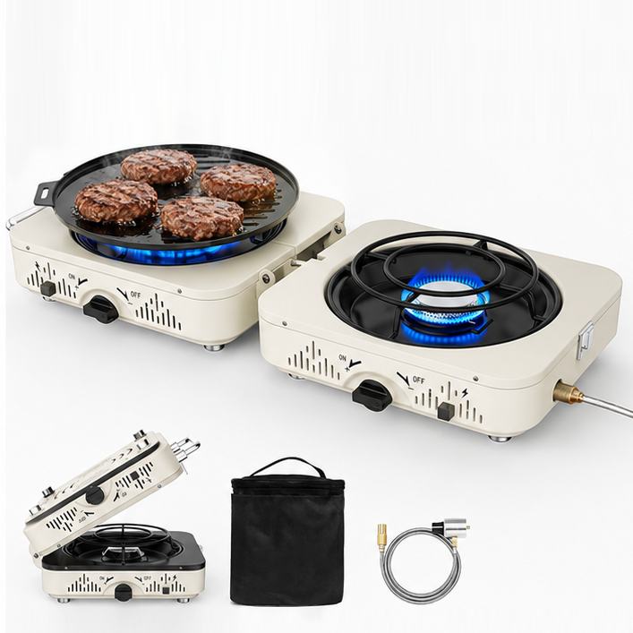 Portable 2 Burner Propane Camping Stove – Folding Outdoor Gas Cooker with Frying Pan & Carry Bag