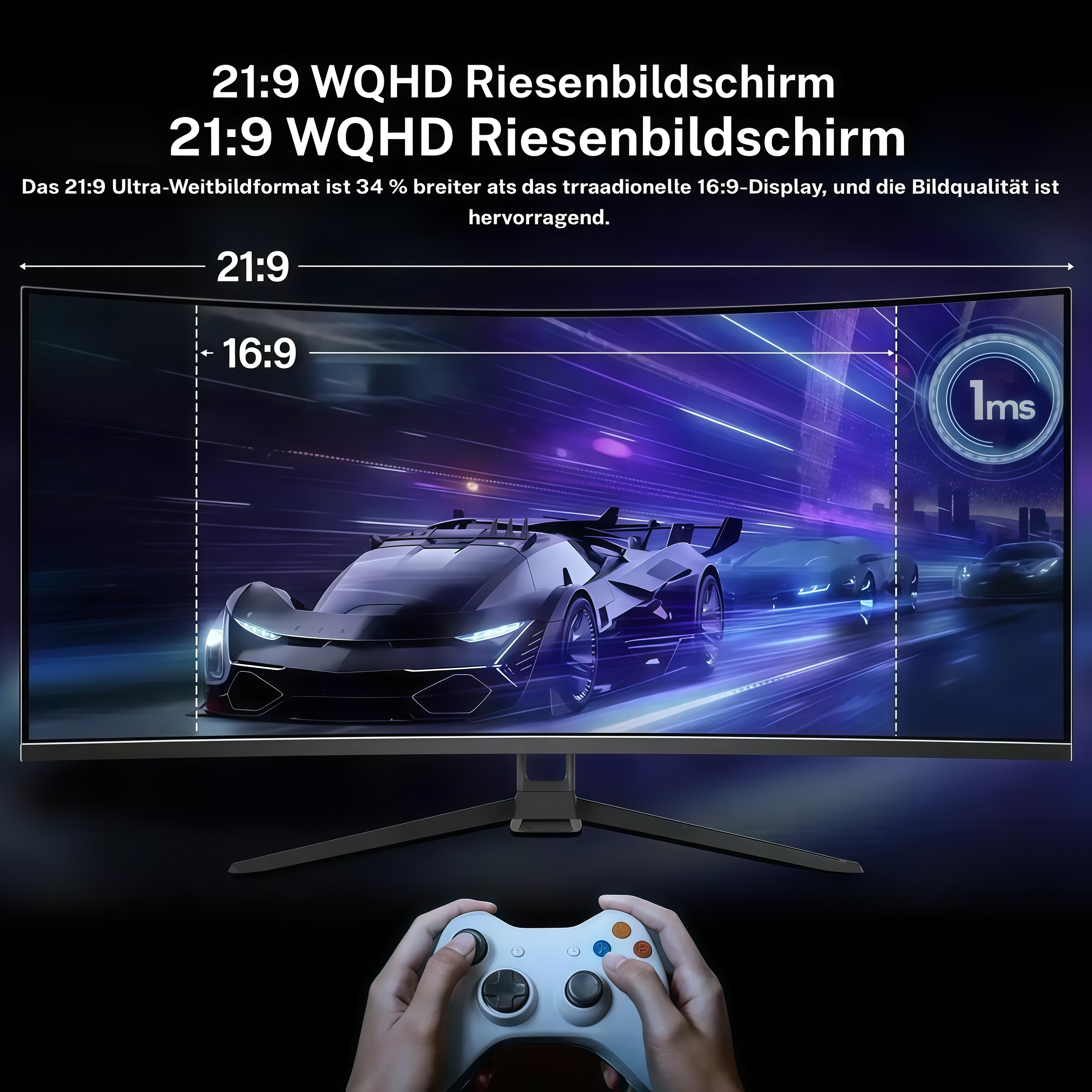 24/27/32/34 Zoll Curved Gaming Monitor 180Hz 1500/3000R WQHD (3440x1440) 4K mit Freesync, DisplayPort, HDMI, wandmontierbar