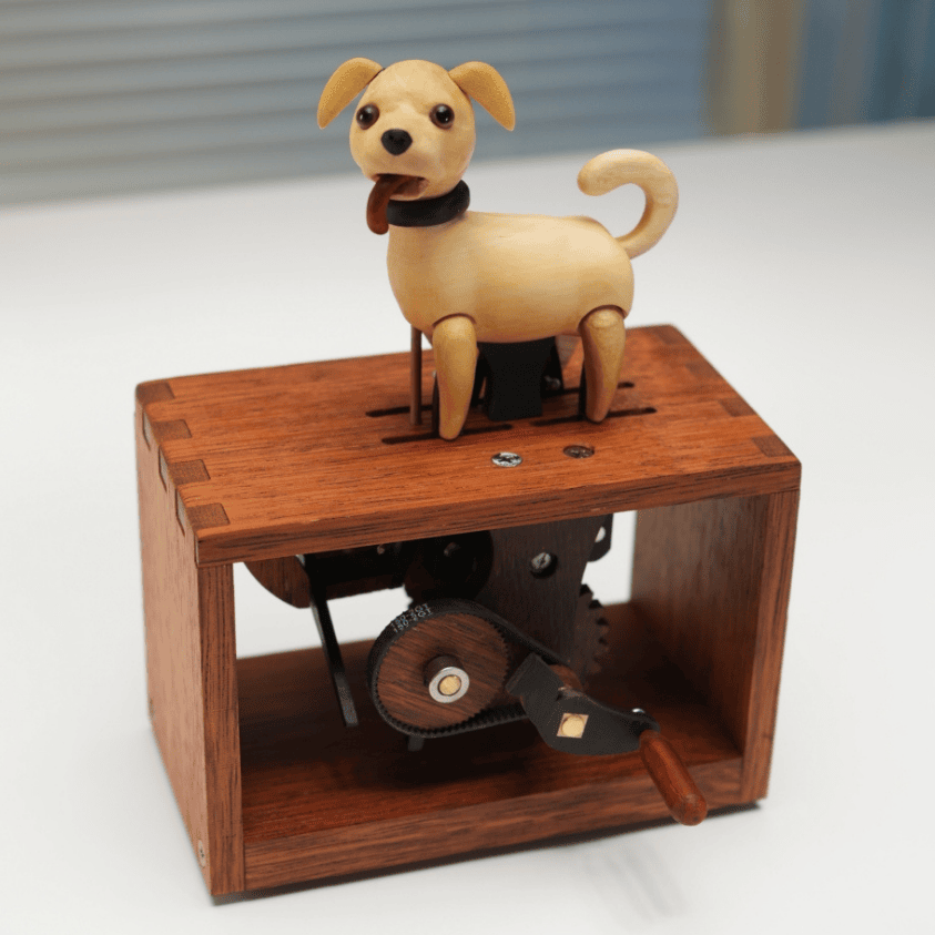 Handcrafted Wooden Dog Crank Automaton