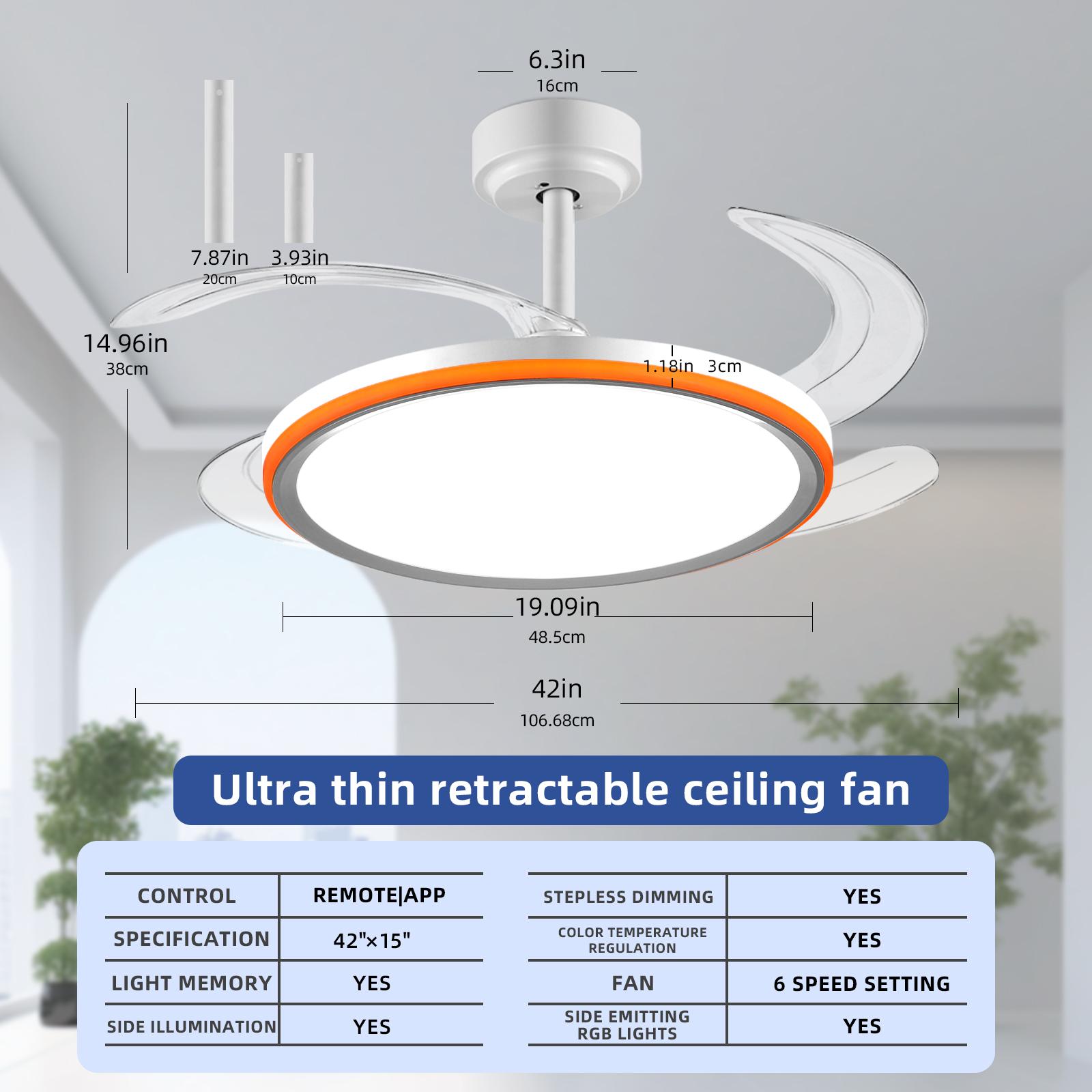 BaySquirrel Slim Invisible Ceiling Fans Lights with Remote Control & App 42 Inch Dimmable Fan 6 Retractable Blades 6-Speed Reversible Adjustable Rgb Lighting 24-Hour Timer Smart Lamp