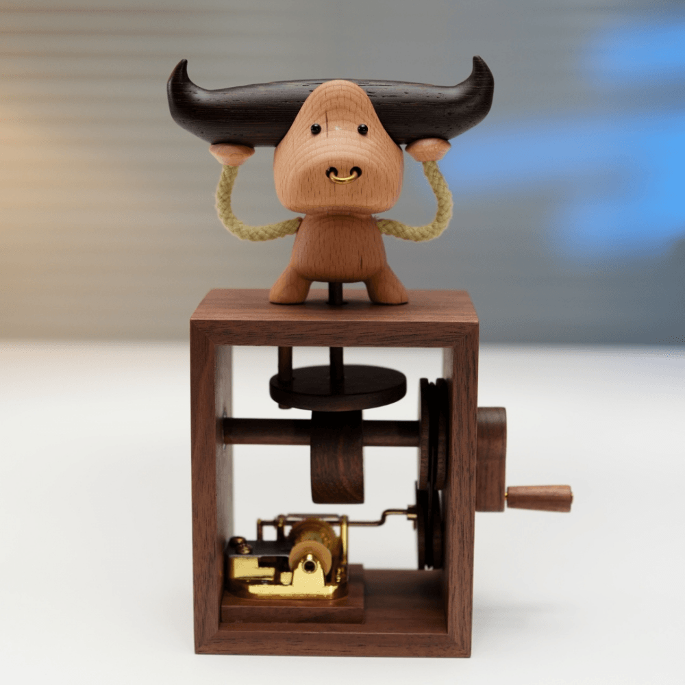 Handcrafted Wooden Bull Music Box Automaton