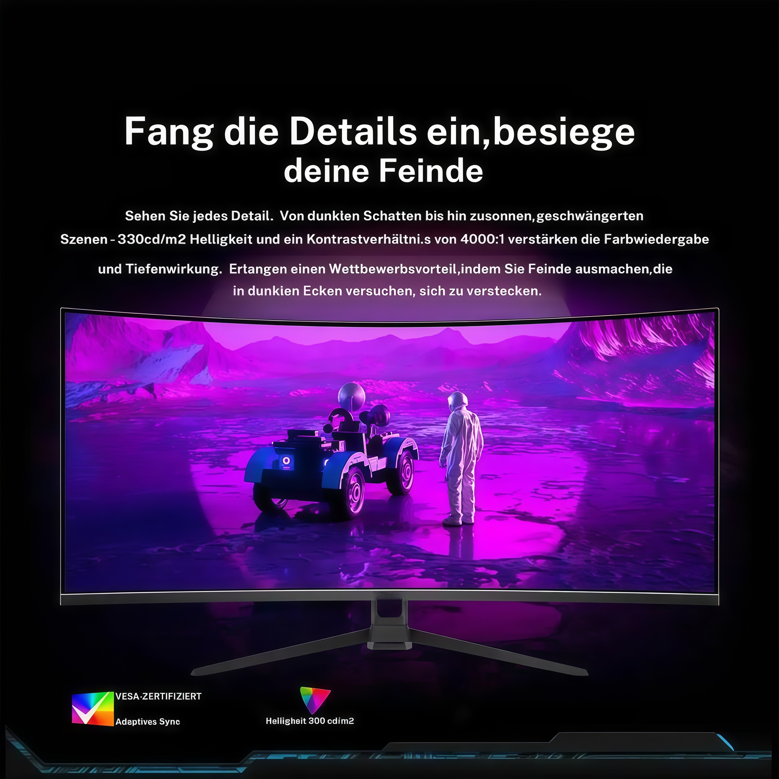 24/27/32/34 Zoll Curved Gaming Monitor 180Hz 1500/3000R WQHD (3440x1440) 4K mit Freesync, DisplayPort, HDMI, wandmontierbar