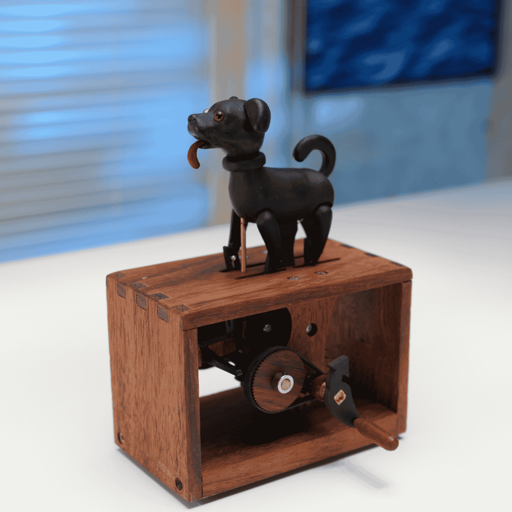 Handcrafted Wooden Dog Crank Automaton