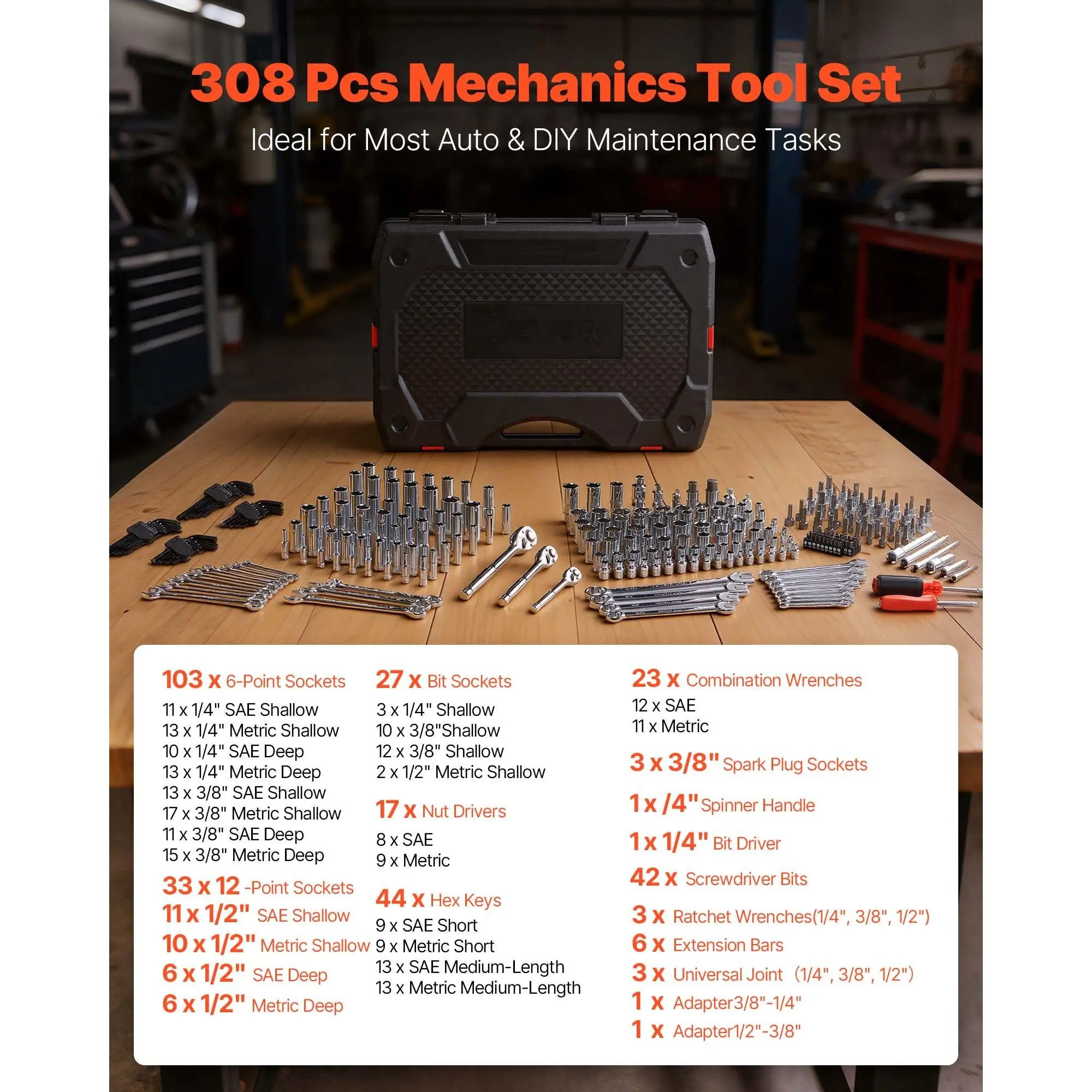 308-Piece CR-V Steel Mechanics Tool Set - 1/4 in, 3/8 in, 1/2 in Drive, Rust-Resistant SAE/Metric Socket Set, Wrenches, Screwdriver Bits, Accessories with Storage Case for Auto Repair