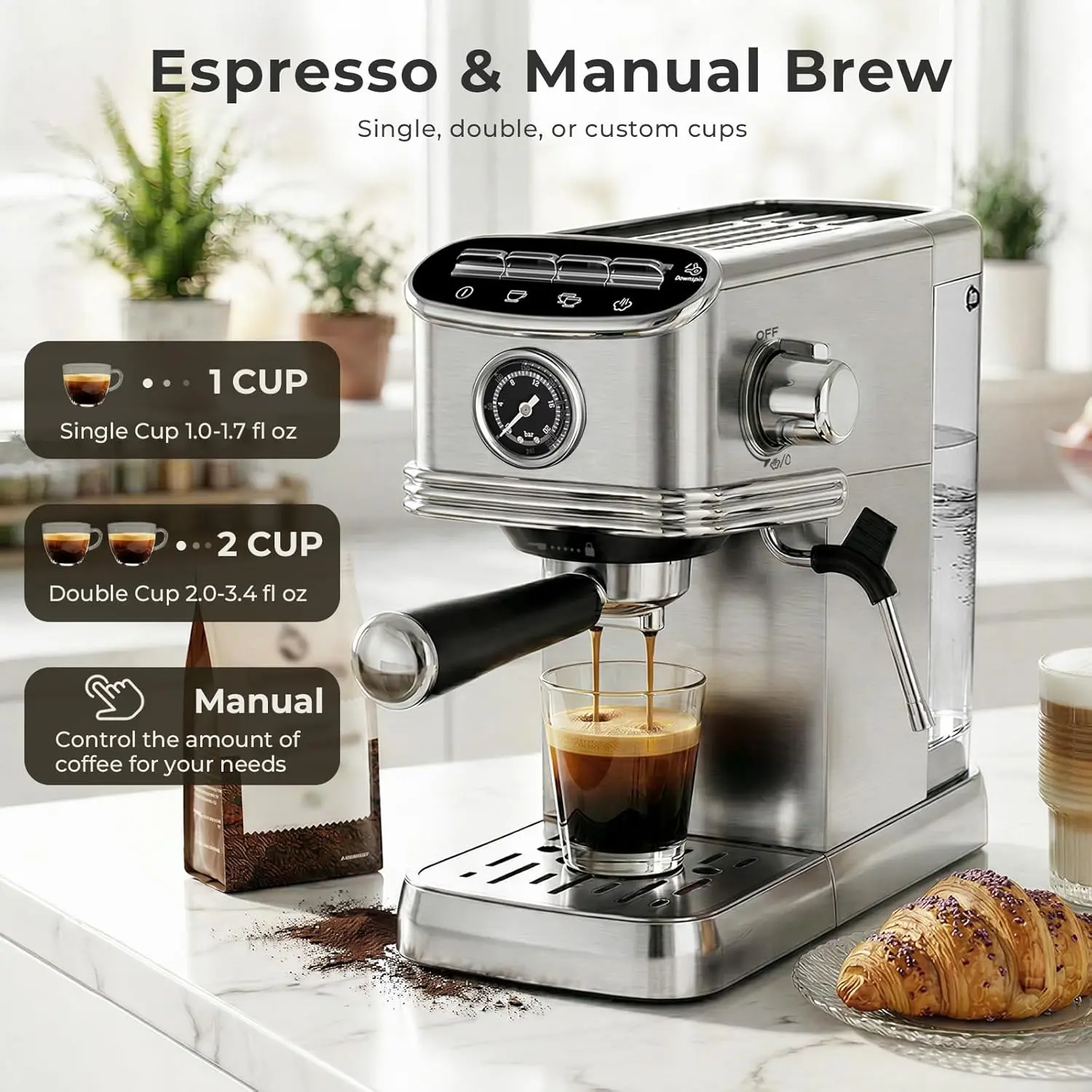 Espresso Machine with Milk Frother, 20 Bar Compact Espresso Maker with 45 OZ Removable Tank, Stainless Steel Coffee Machine for Home, Office, Latte, Cappuccino Silver summerwins