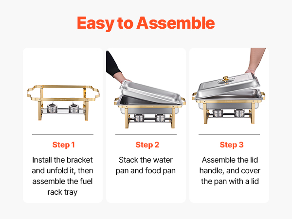 Three-step easy assembly: install frame and fuel holder, stack water pan and food pan, attach lid handle