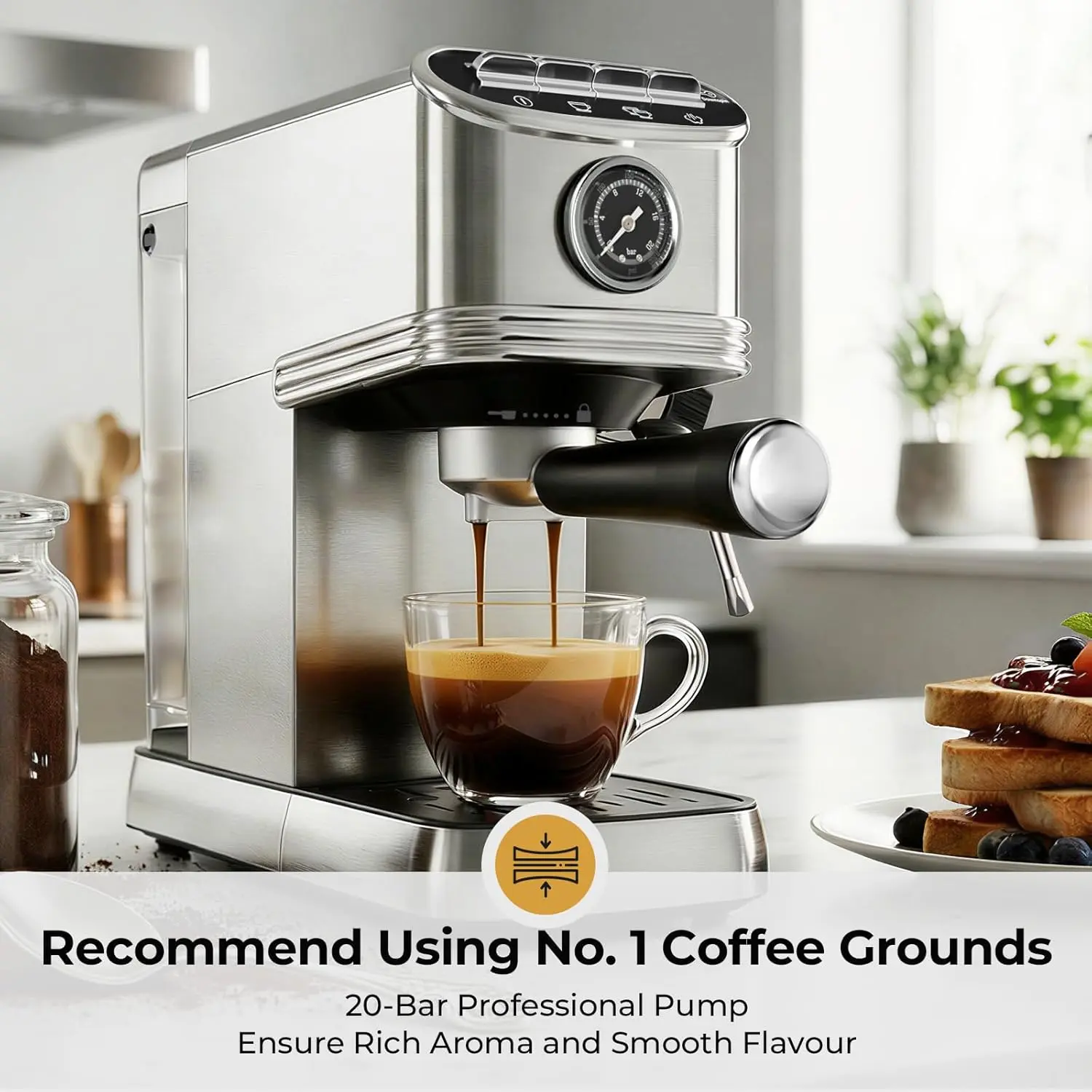 Espresso Machine with Milk Frother, 20 Bar Compact Espresso Maker with 45 OZ Removable Tank, Stainless Steel Coffee Machine for Home, Office, Latte, Cappuccino Silver summerwins