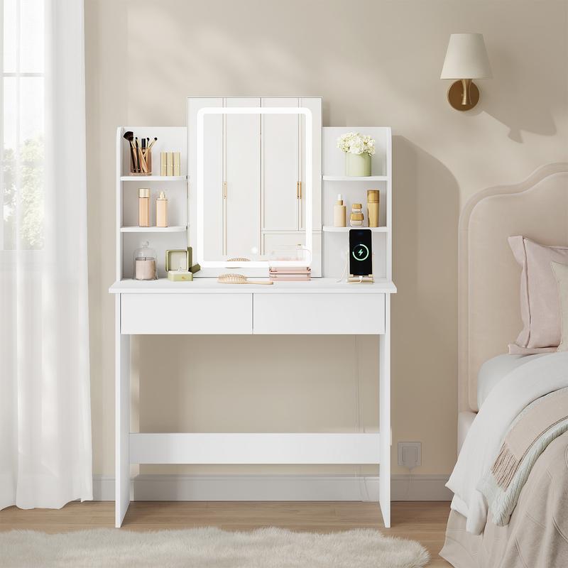 WOLTU Tocador con Espejo y Luz LED Regulable, con 2 Puertos USB, 1-tipoA 1-tipoC, Tocador Maquillaje de 2 Cajones y 4 Estantes, Blanco