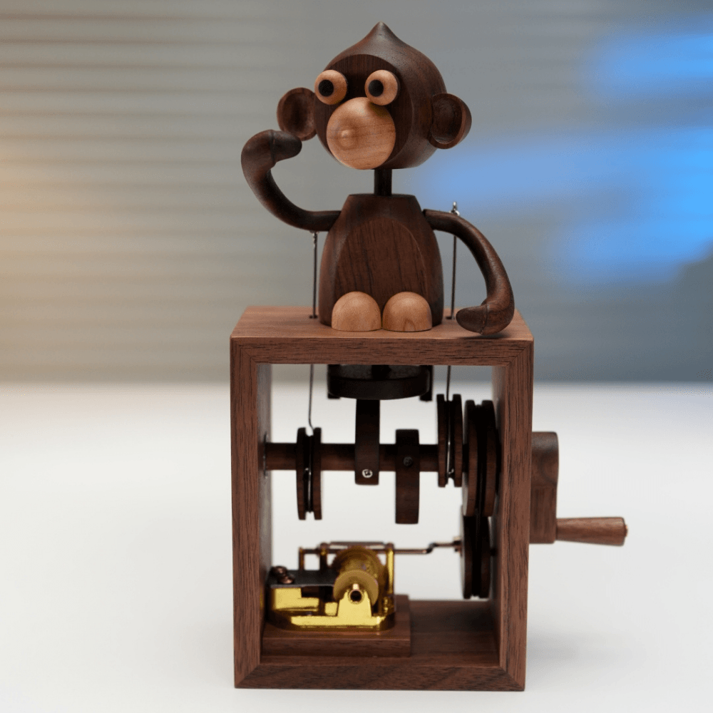 Handcrafted Wooden Monkey Music Box Automaton