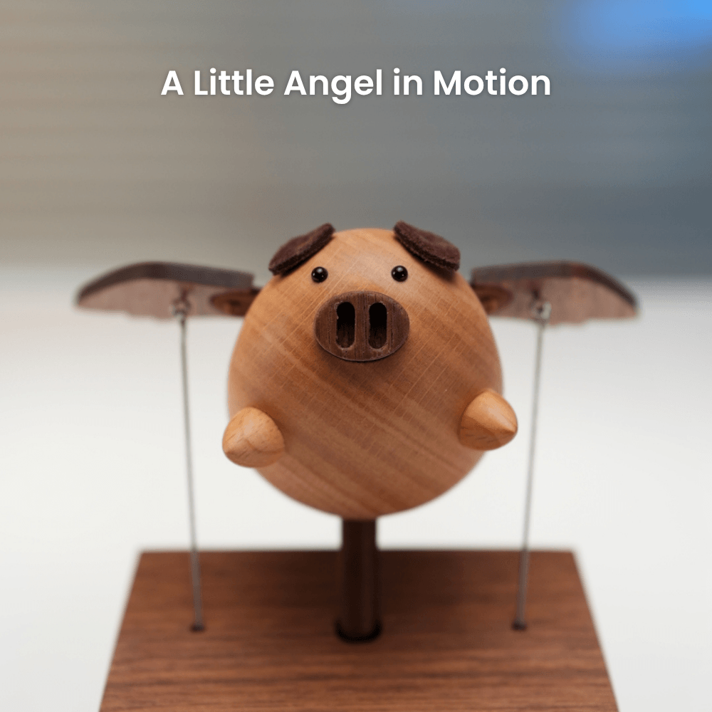 Handcrafted Wooden Angel Pig Music Box Automaton