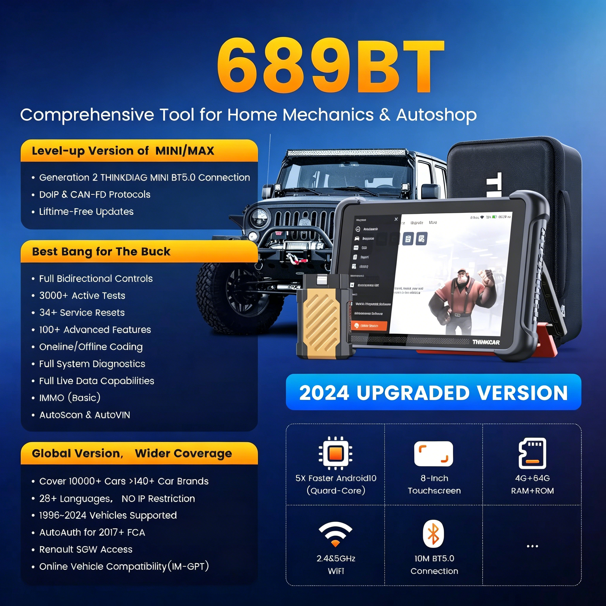 [Summervibes] Lifetime Free Update Car OBD2 Scanner Tool, 689BT All-System Automotive Diagnostic Tool, Bi-Directional OBD2 Scanner with ECU Coding, 35+ Services, FCA Autoauth, CANFD&DoIP，Bidirectional Scan Tool