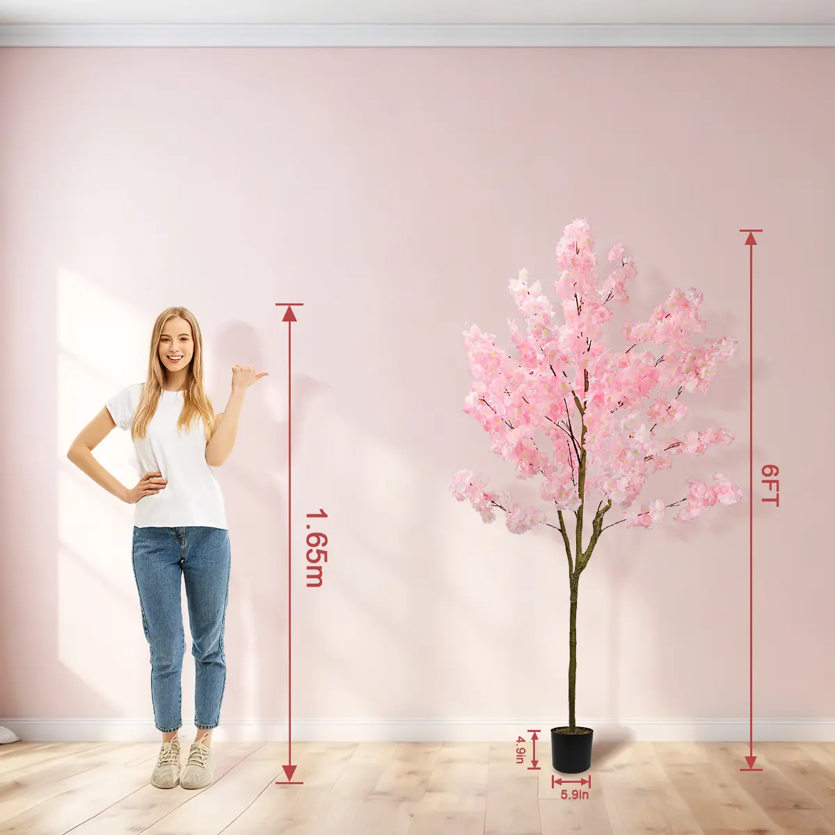 Elegant 6FT 7ft 8ft Artificial Cherry Blossom Tree with Cement Pot - Lifelike Silk Faux Floral Plant for Home Office Wedding Indoor Outdoor Decor Pink White