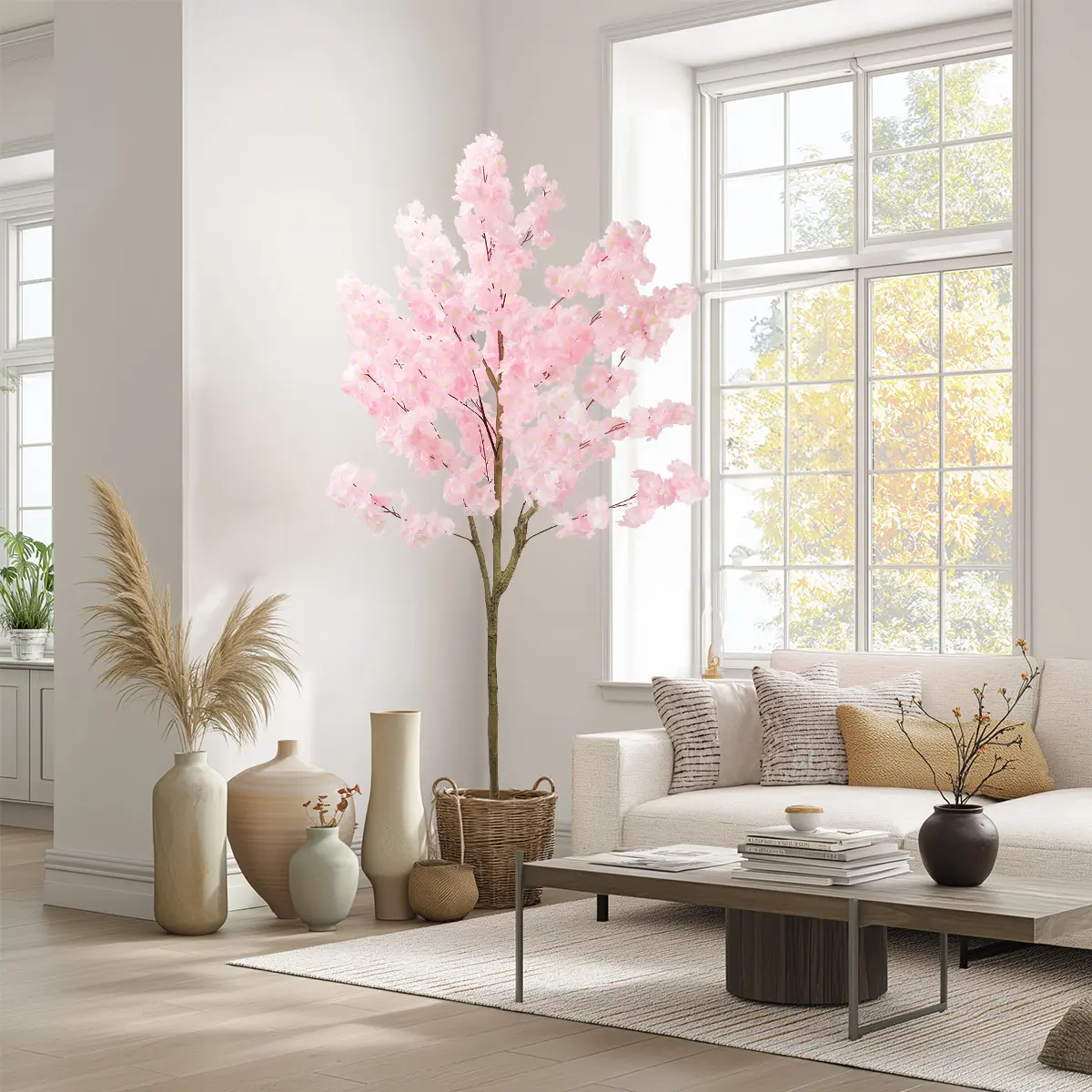 Elegant 6FT 7ft 8ft Artificial Cherry Blossom Tree with Cement Pot - Lifelike Silk Faux Floral Plant for Home Office Wedding Indoor Outdoor Decor Pink White