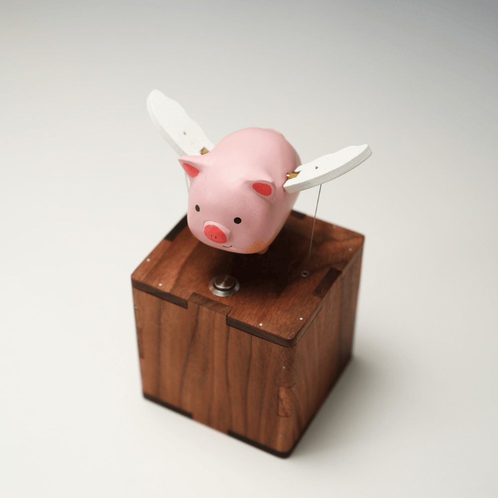 Handcrafted Wooden Angel Pig Automaton