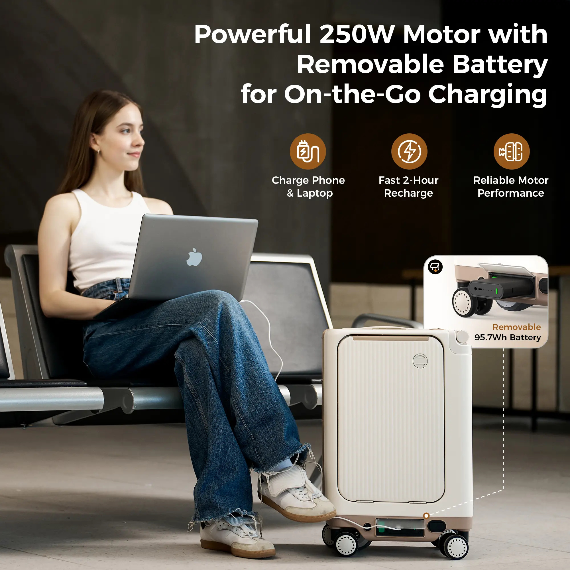 【TSA-Approved】Electric Suitcase Scooter, Electric Riding Luggage with 250W Motor, Removable 95.7Wh Battery (Pressure-Resistant & Explosion-Proof) | 38L Storage, Ultra-Lightweight 13.2LBS, Adjustable Speed 2.5-8MPH, Hard Shell Spinner Suitcase with TSA Loc