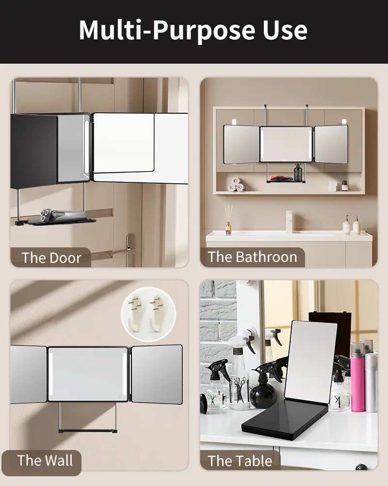Adjustable LED Light 3 Way Mirror, Portable Trifold Mirror for Shaving, Grooming, Hair Styling, Dye Hair, Makeup, Braiding, 360 Degree Mirror