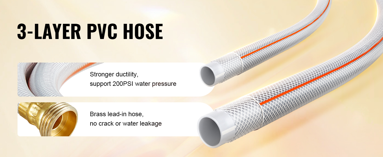 3-layer reinforced PVC hose cross-section showing 200PSI pressure rating and brass lead-in connector