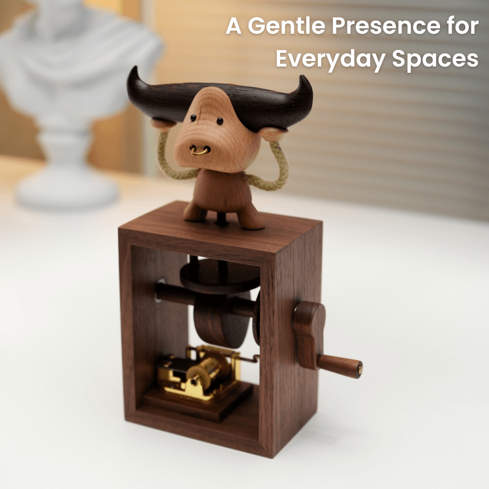 Handcrafted Wooden Bull Music Box Automaton