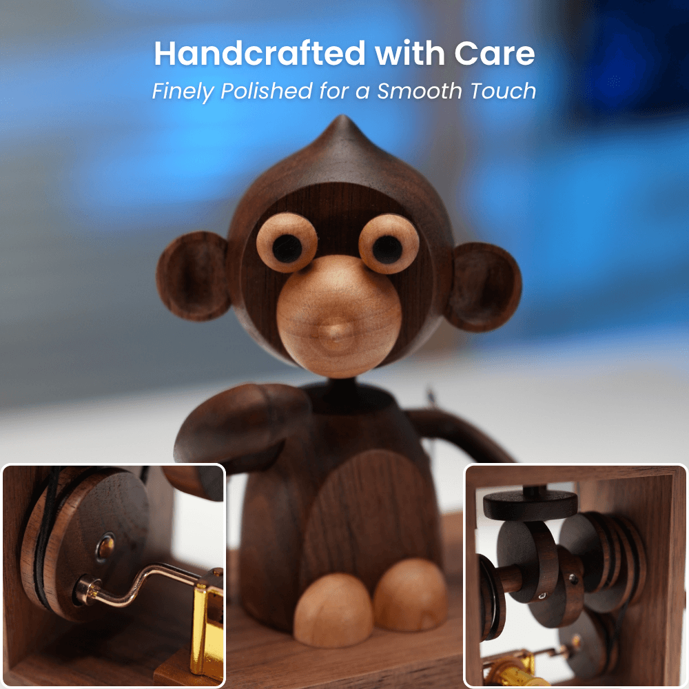 Handcrafted Wooden Monkey Music Box Automaton