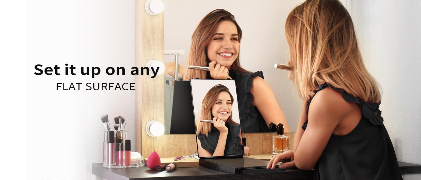 Umitec Adjustable LED Light 3 Way Mirror, Portable Trifold Mirror for Shaving, Grooming, Hair Styling, Dye Hair, Makeup, Braiding, 360 Degree Mirror
