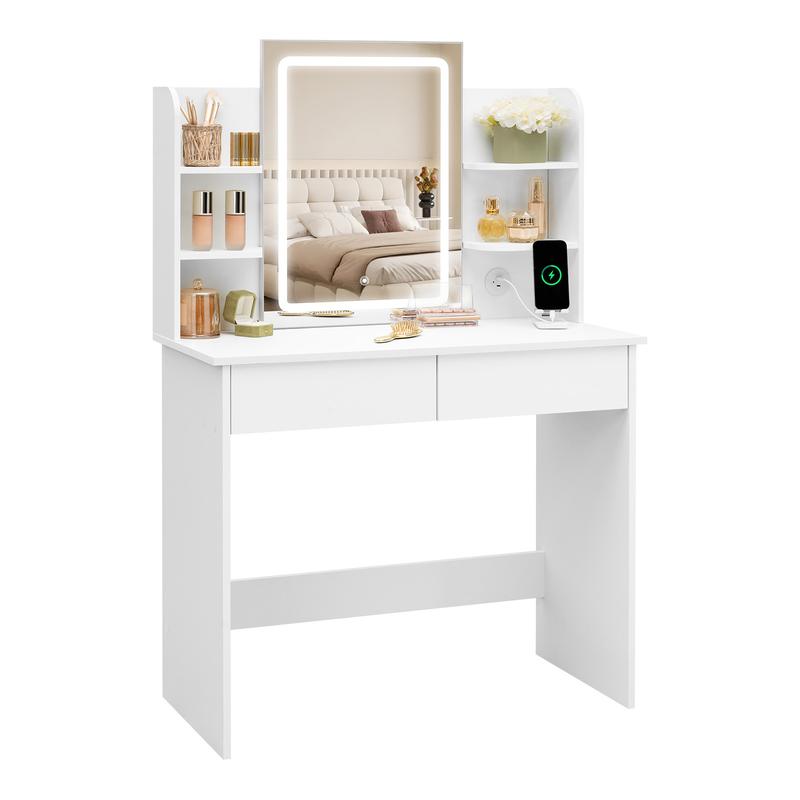 WOLTU Tocador con Espejo y Luz LED Regulable, con 2 Puertos USB, 1-tipoA 1-tipoC, Tocador Maquillaje de 2 Cajones y 4 Estantes, Blanco