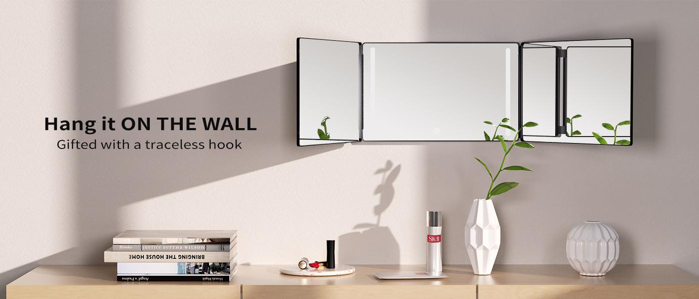 Umitec Adjustable LED Light 3 Way Mirror, Portable Trifold Mirror for Shaving, Grooming, Hair Styling, Dye Hair, Makeup, Braiding, 360 Degree Mirror
