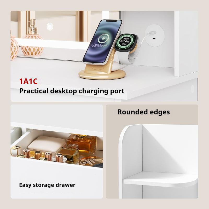 Tocador con Espejo y Luz LED Regulable, con 2 Puertos USB, 1-tipoA 1-tipoC, Tocador Maquillaje de 2 Cajones y 4 Estantes, Blanco
