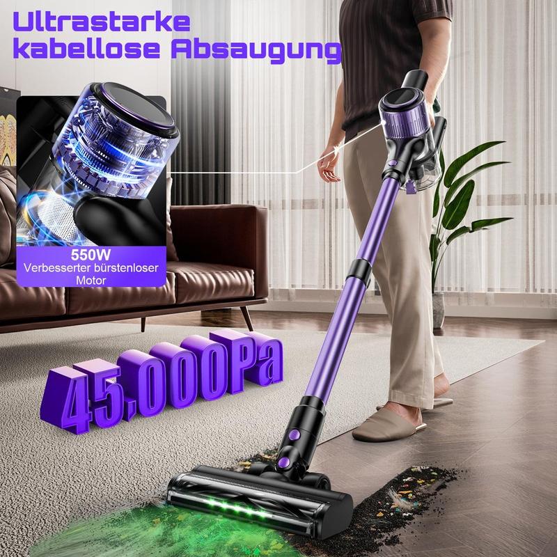 45000 Pa / 500W / 45 min kabelloser Staubsauger, leichter Akku mit LED-Anzeige / Anti-Tangle-Bürste, Stabstaubsauger für Hartböden, Tierhaare, Teppiche