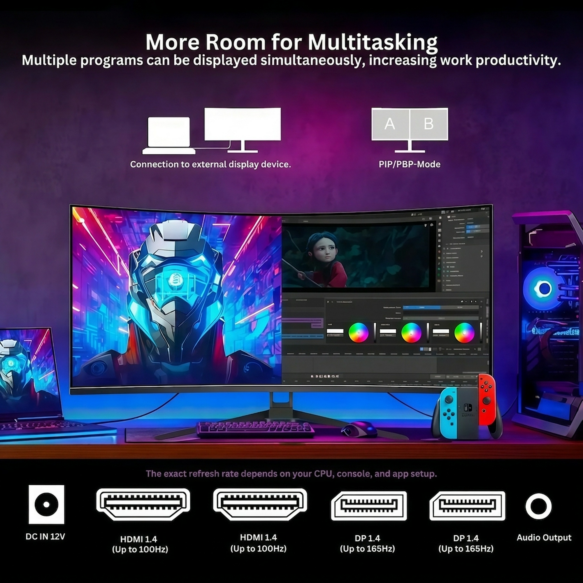 24/27/32/34 Zoll Curved Gaming Monitor 180Hz 1500/3000R WQHD (3440x1440) 4K mit Freesync, DisplayPort, HDMI, wandmontierbar