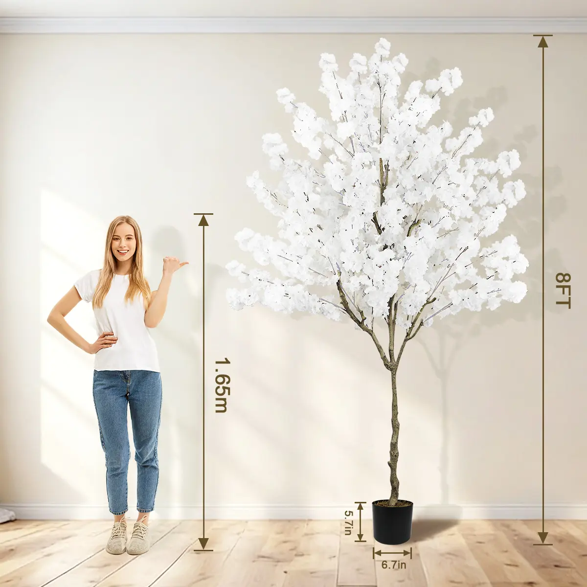 Elegant 6FT 7ft 8ft Artificial Cherry Blossom Tree with Cement Pot - Lifelike Silk Faux Floral Plant for Home Office Wedding Indoor Outdoor Decor Pink White
