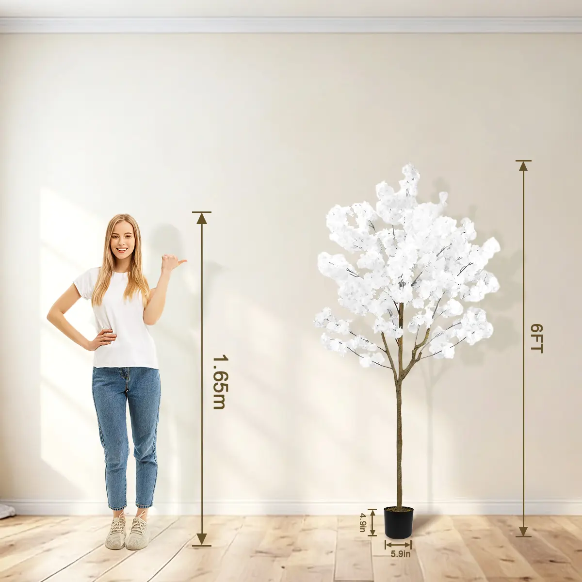Elegant 6FT 7ft 8ft Artificial Cherry Blossom Tree with Cement Pot - Lifelike Silk Faux Floral Plant for Home Office Wedding Indoor Outdoor Decor Pink White