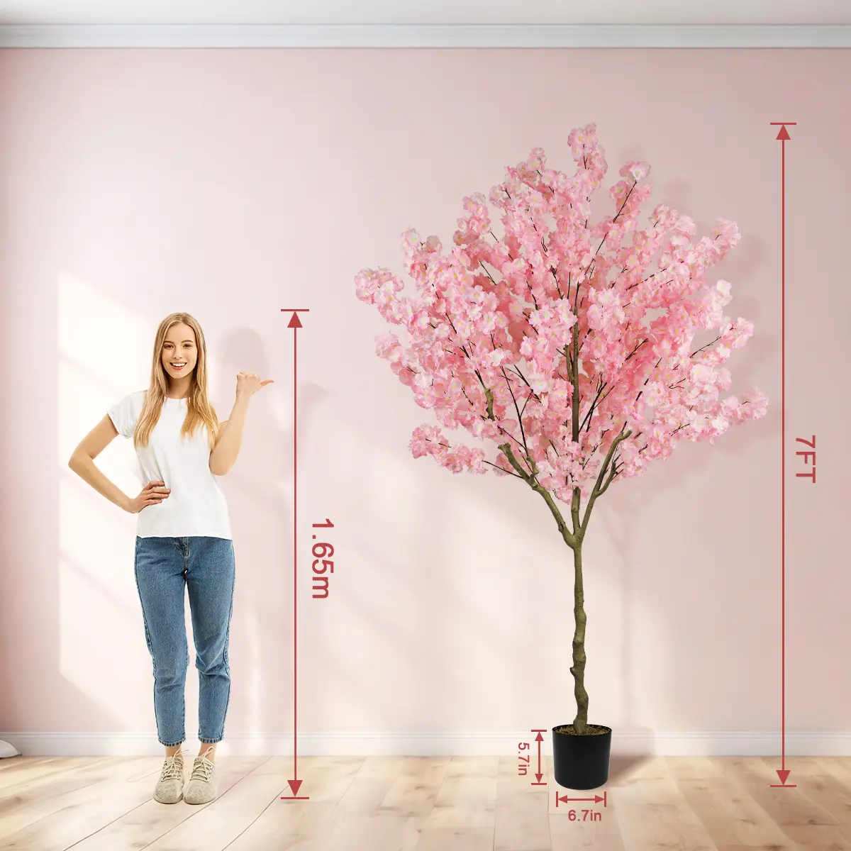 Elegant 6FT 7ft 8ft Artificial Cherry Blossom Tree with Cement Pot - Lifelike Silk Faux Floral Plant for Home Office Wedding Indoor Outdoor Decor Pink White