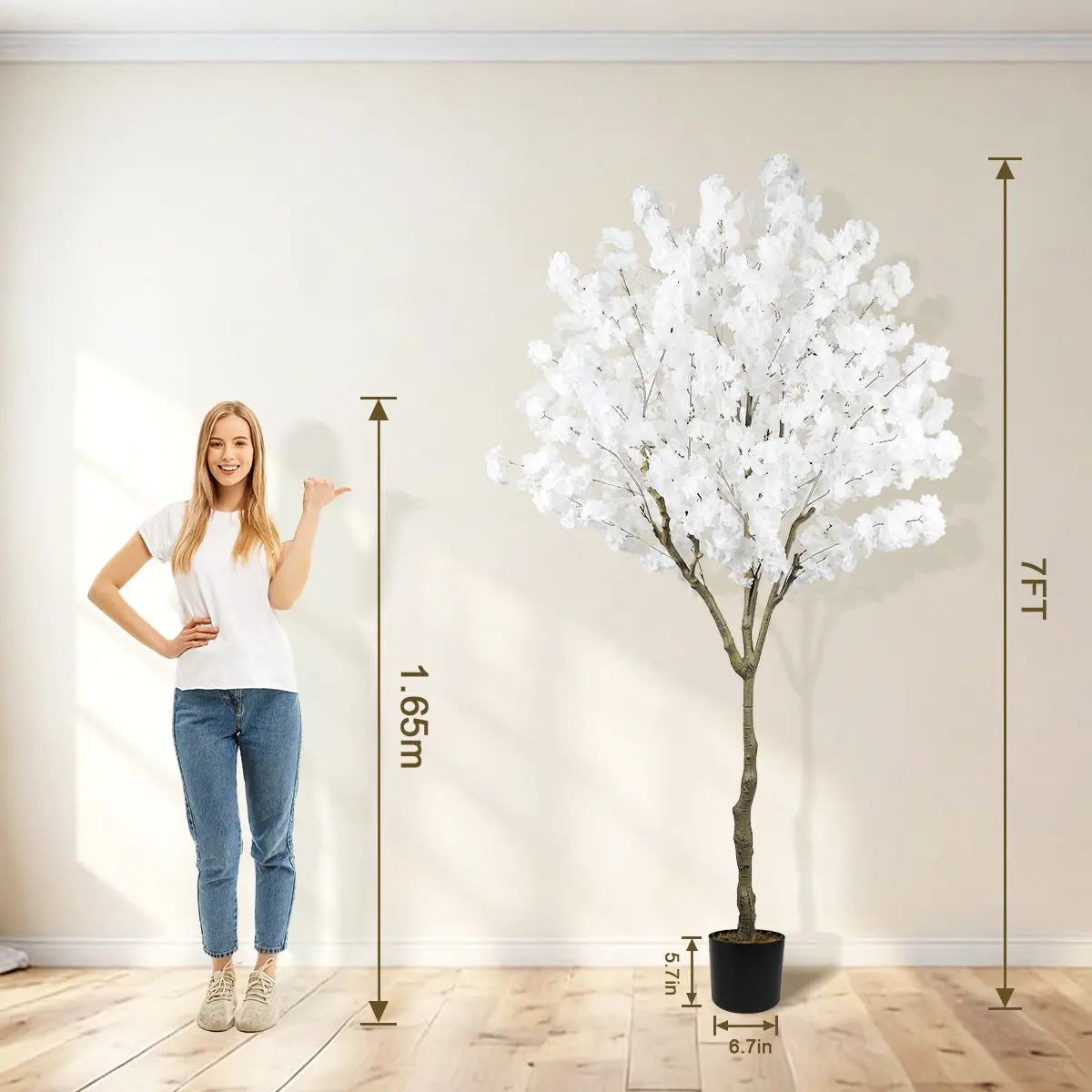 Elegant 6FT 7ft 8ft Artificial Cherry Blossom Tree with Cement Pot - Lifelike Silk Faux Floral Plant for Home Office Wedding Indoor Outdoor Decor Pink White