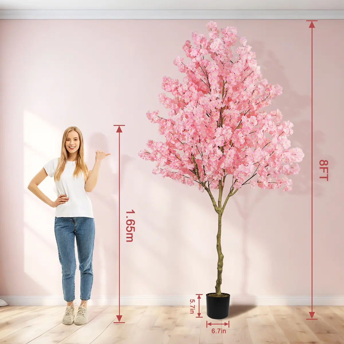 Elegant 6FT 7ft 8ft Artificial Cherry Blossom Tree with Cement Pot - Lifelike Silk Faux Floral Plant for Home Office Wedding Indoor Outdoor Decor Pink White