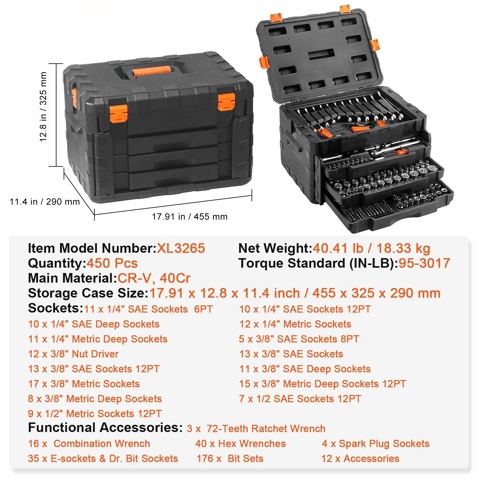 308-Piece CR-V Steel Mechanics Tool Set - 1/4 in, 3/8 in, 1/2 in Drive, Rust-Resistant SAE/Metric Socket Set, Wrenches, Screwdriver Bits, Accessories with Storage Case for Auto Repair