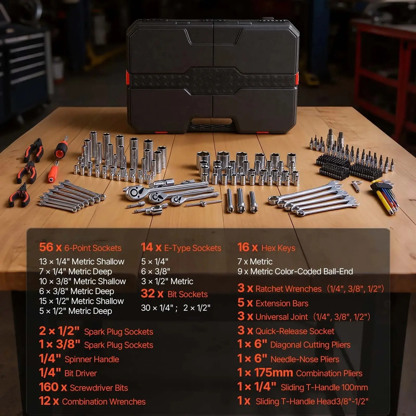 308-Piece CR-V Steel Mechanics Tool Set - 1/4 in, 3/8 in, 1/2 in Drive, Rust-Resistant SAE/Metric Socket Set, Wrenches, Screwdriver Bits, Accessories with Storage Case for Auto Repair