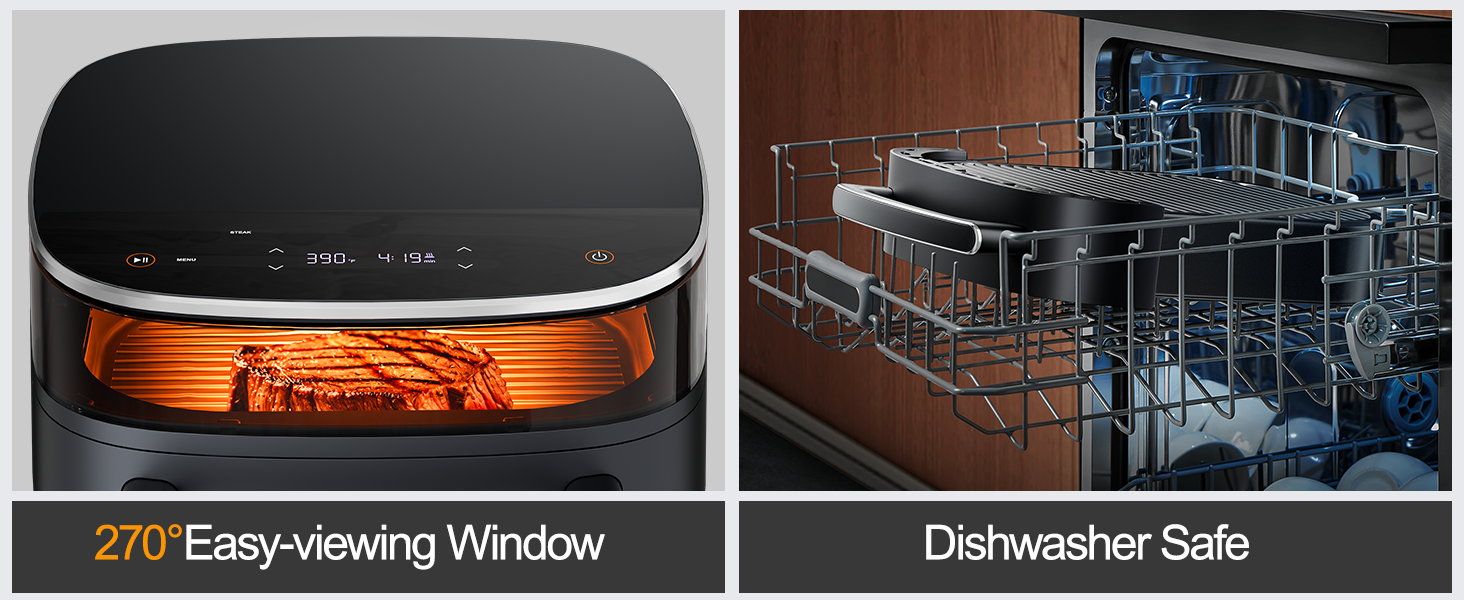 Left: 270 degree viewing window showing steak cooking inside; Right: basket placed in dishwasher