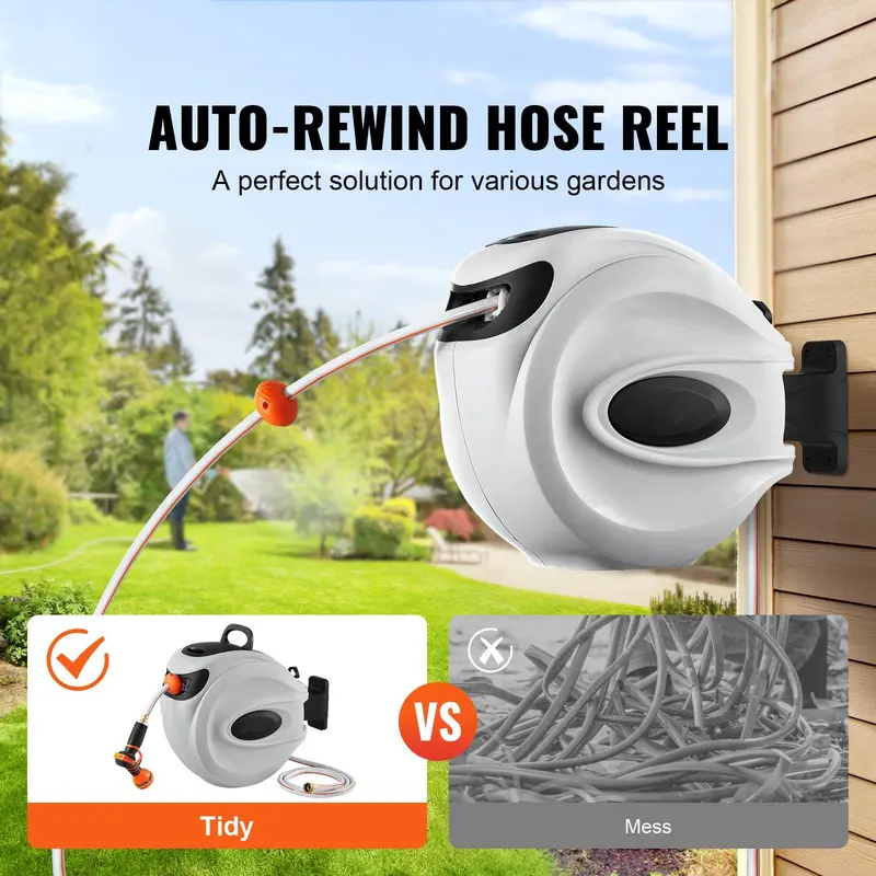  Retractable Hose Reel, 84 ft x 5/8 inch, Garden Water Hose Reel with 9-Pattern Nozzle, 180° Swivel Bracket Wall-Mounted, Automatic Rewind, Lock at Any Length, with Slow Return System