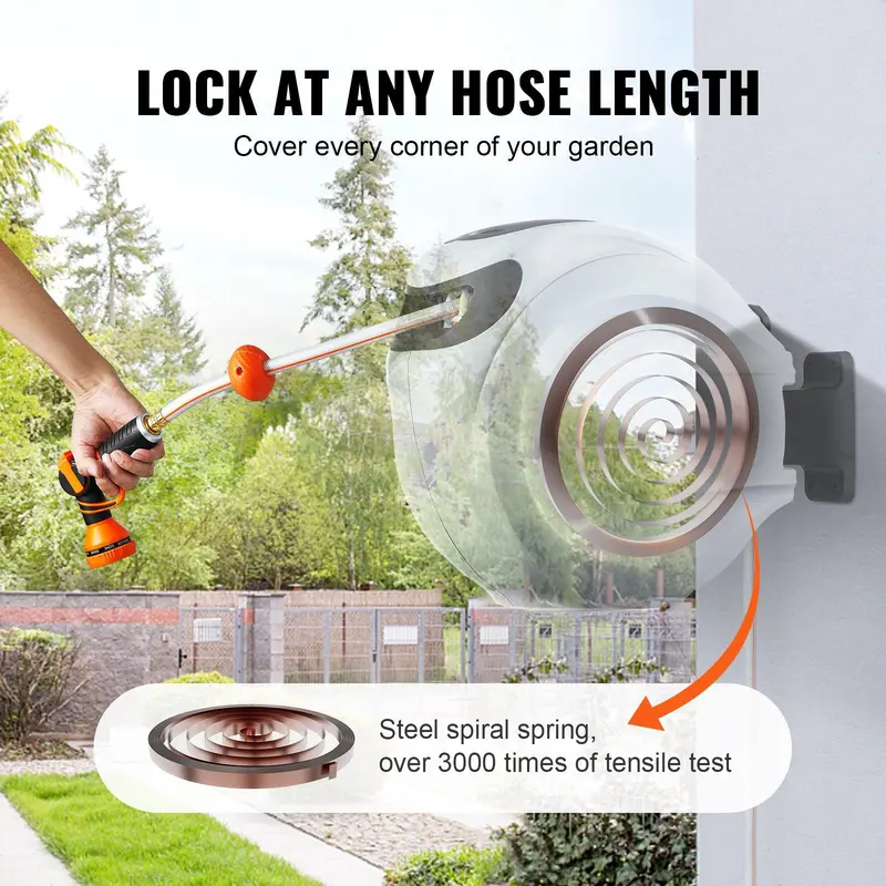  Retractable Hose Reel, 84 ft x 5/8 inch, Garden Water Hose Reel with 9-Pattern Nozzle, 180° Swivel Bracket Wall-Mounted, Automatic Rewind, Lock at Any Length, with Slow Return System