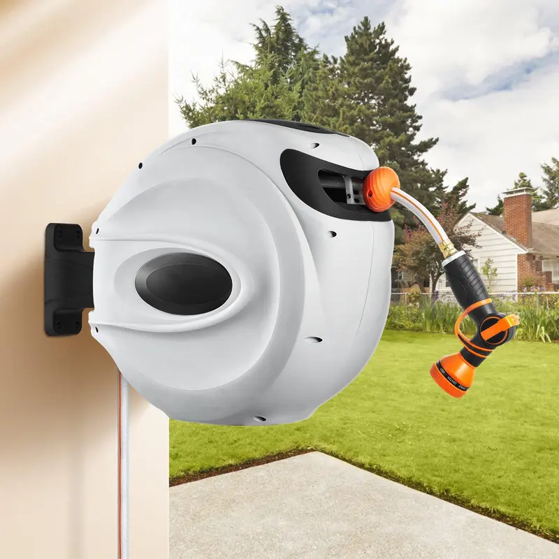  Retractable Hose Reel, 84 ft x 5/8 inch, Garden Water Hose Reel with 9-Pattern Nozzle, 180° Swivel Bracket Wall-Mounted, Automatic Rewind, Lock at Any Length, with Slow Return System