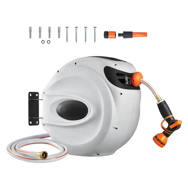  Retractable Hose Reel, 84 ft x 5/8 inch, Garden Water Hose Reel with 9-Pattern Nozzle, 180° Swivel Bracket Wall-Mounted, Automatic Rewind, Lock at Any Length, with Slow Return System
